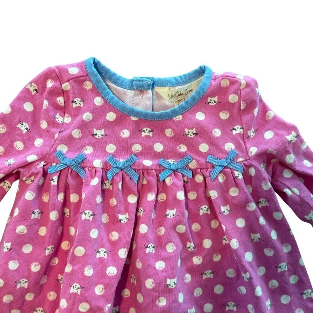 Matilda Jane Pink Kitty Cat Polka Dot Long Sleeve Baby Dress 12M Cotton Blend